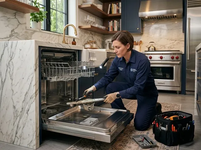 Appliance Repair Hero technician servicing a built-in dishwasher in a Atmore, AL kitchen