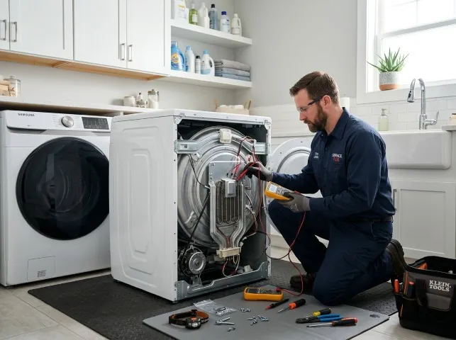 Appliance Repair Hero technician checking a dryer heating element with the rear panel off in Atmore, AL