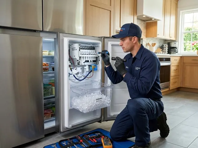 Appliance Repair Hero technician repairing a refrigerator ice maker in Atmore, AL