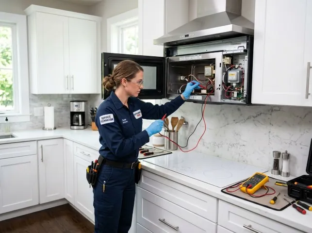 Appliance Repair Hero technician testing an over-the-range microwave in a Atmore, AL kitchen