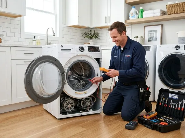 Appliance Repair Hero technician testing a front-load washer with a multimeter on a Atmore, AL service call